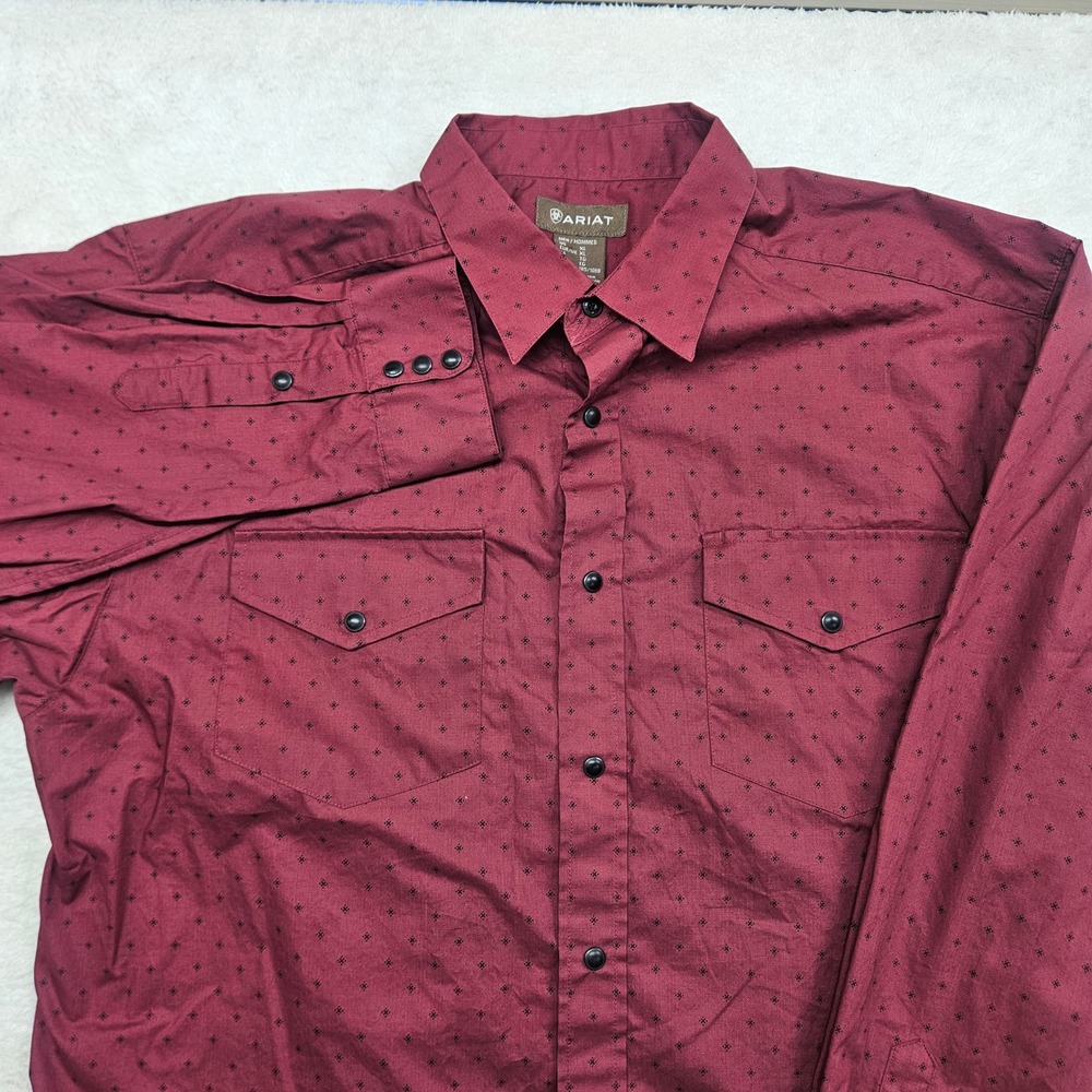 Ariat Mens XL Western Shirt Burgundy Maroon Geometric Print Long Sleeve Cotton